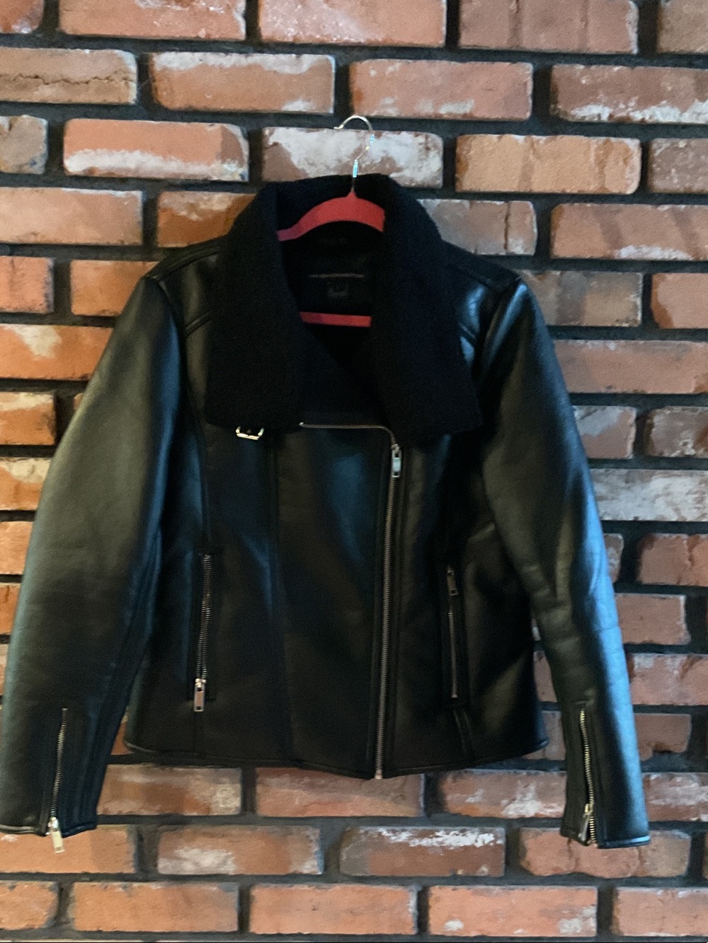French Connection Black Faux Leather Jacket with Sherpa Collar
